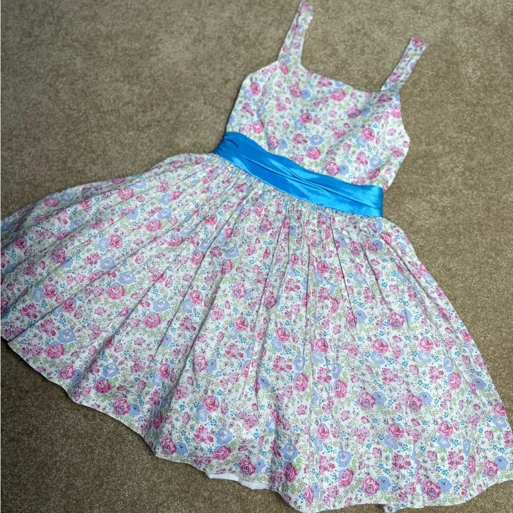 Girl’s Handmade‎ Floral Dress with Blue Bow, | Vintage Aesthetic | Size 5